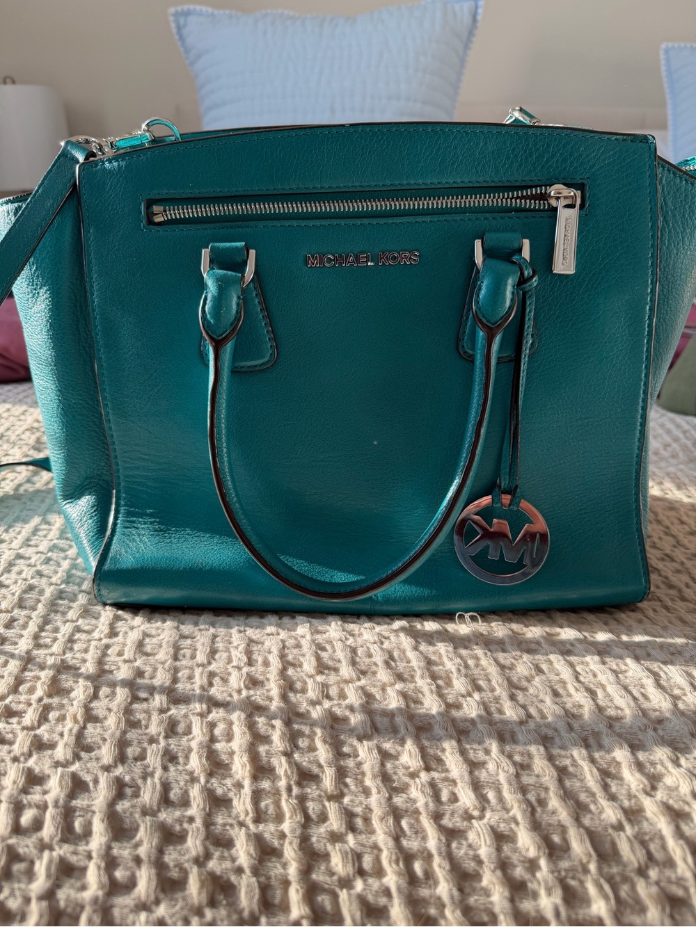 Michael Kors Teal Leather Satchel with Silver Hardware